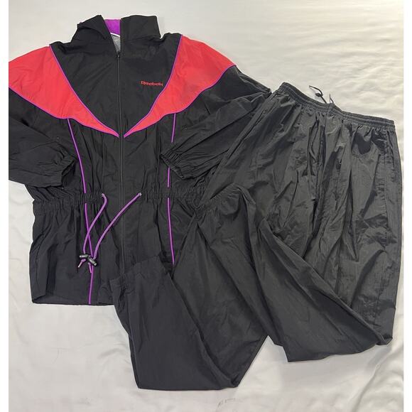 Reebock Tracksuit Womens Size XL Black Pink Hidden Hood Jacket Pants Set VTG 90s - Picture 1 of 16